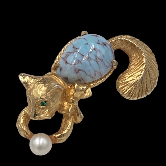 Vintage Jewelry - Vintage DeNicola Blue Art Glass Playful Cat Brooch